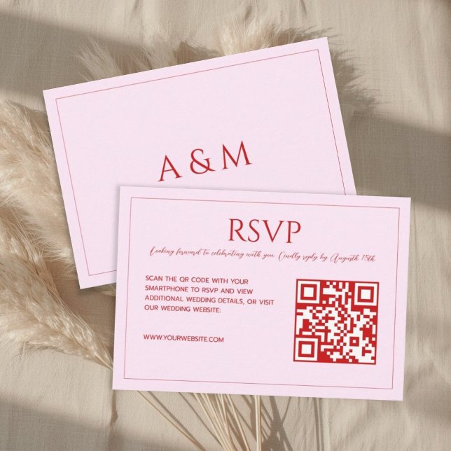 Cartão RSVP Modern minimalist blush pink red QR code wedding  (Criador carregado)