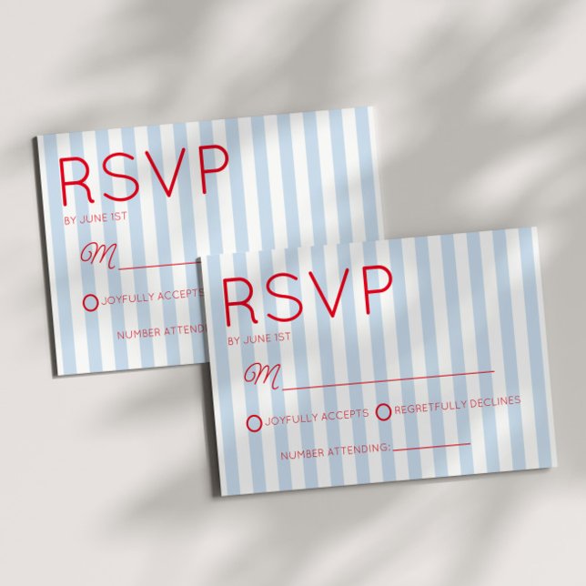 Cartão RSVP Modern Minimalist Coastal Red Blue Stripes Wedding (Criador carregado)