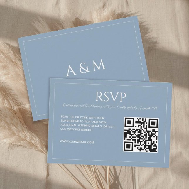 Cartão RSVP Modern minimalist dusty blue QR code wedding  (Criador carregado)