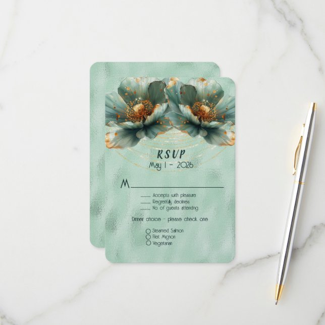 Cartão RSVP Modern Minimalist Emerald and Gold Wedding (Frente/Verso In Situ)