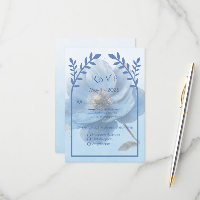 Cartão RSVP Modern Minimalist Gold and Blue Wedding (Frente/Verso In Situ)