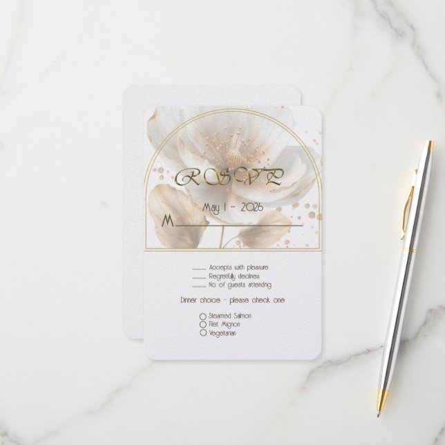 Cartão RSVP Modern Minimalist White and Gold Wedding (Frente/Verso In Situ)
