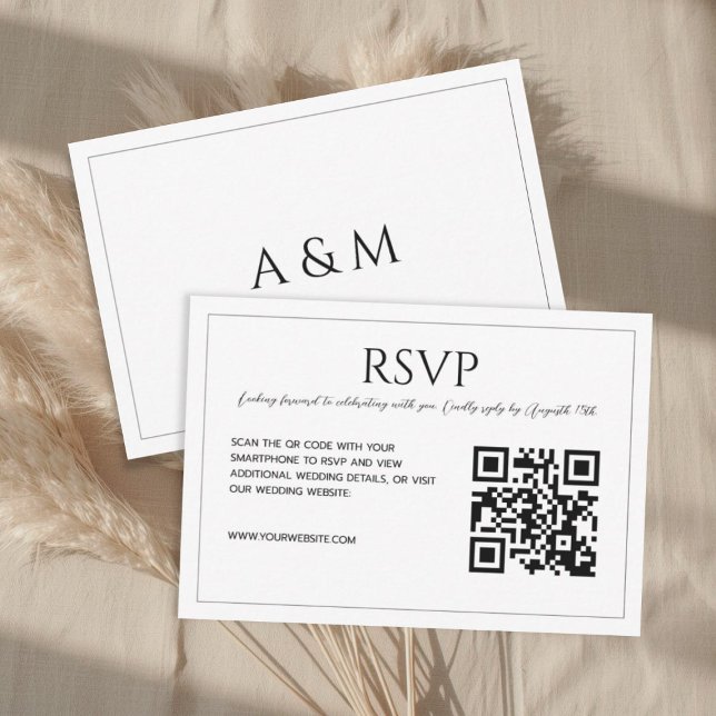 Cartão RSVP Modern minimalist white black wedding  (Criador carregado)