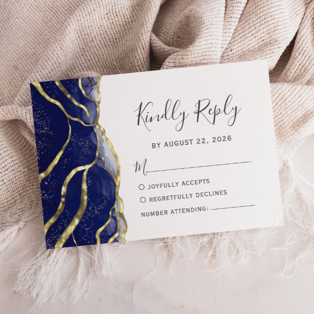 Cartão RSVP Modern Navy Blue Gold Ink Wedding (Criador carregado)