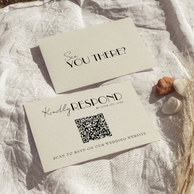 Cartão RSVP Modern QR Code Retro French Whimsical Wedding (Criador carregado)