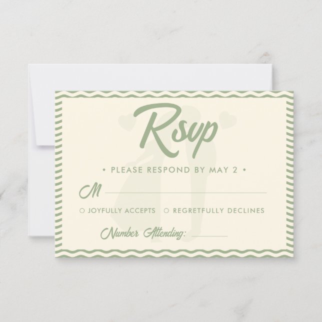 Cartão RSVP Modern Sage Green Wavy Stripe QR Code Wedding (Frente)