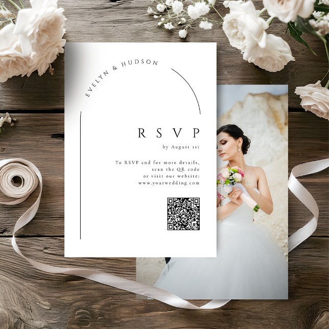 Cartão RSVP Modern Script Minimal Photo Arch Wedding QR code (Modern Script Minimal Photo Arch Wedding QR code RSVP Card)
