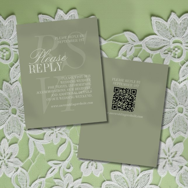 Cartão RSVP Modern Script Sage Green QR Formal Wedding  (Invite guest to give their response for your big day with this Modern Script Sage Green RSVP!)