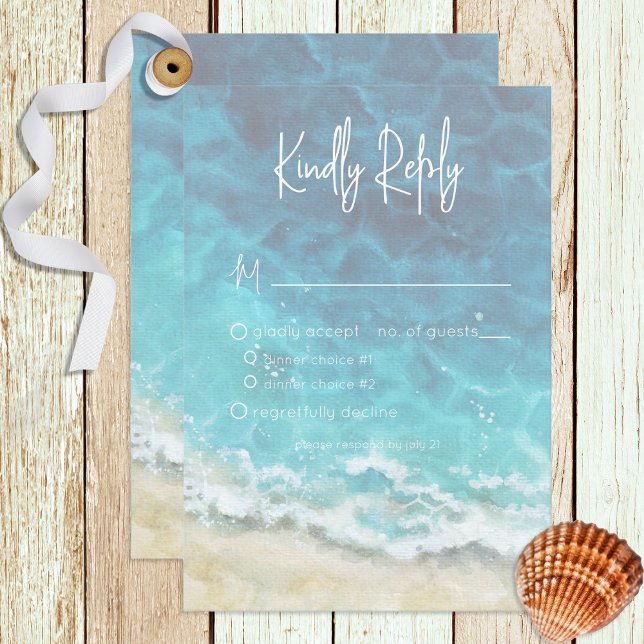 Cartão RSVP Modern Watercolor Beach & Sea Wedding (Criador carregado)
