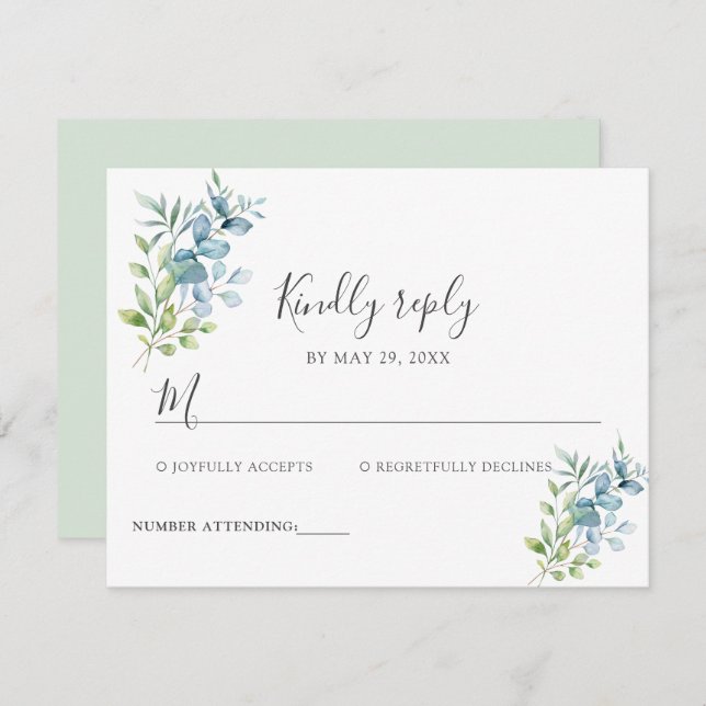 Cartão RSVP Modern Watercolor Eucalyptus Greenery Wedding (Frente/Verso)