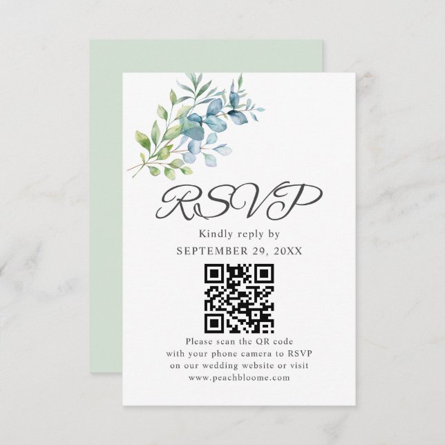 Cartão RSVP Modern Watercolor Eucalyptus Greenery Wedding (Frente/Verso)