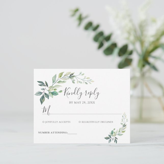 Cartão RSVP Modern Watercolor Eucalyptus Leaves Greenery (Em pé/Frente)