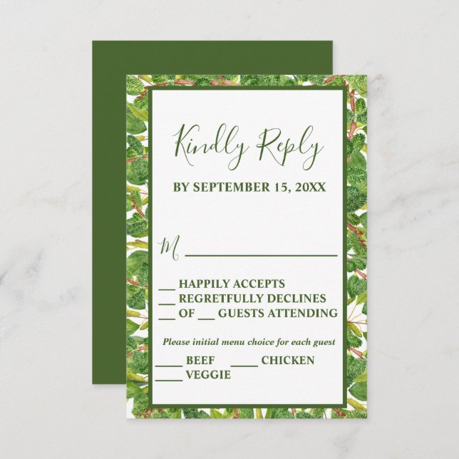 Cartão RSVP Modern Watercolor Greenery Wedding (Frente/Verso)