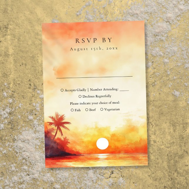 Cartão RSVP Modern Watercolor Orange Beach Sunset Wedset (Modern Watercolor Orange Beach Sunset Wedding RSVP Card)