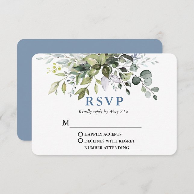 Cartão RSVP Modern Watercolor Verde Casamento Dusty Azul (Frente/Verso)