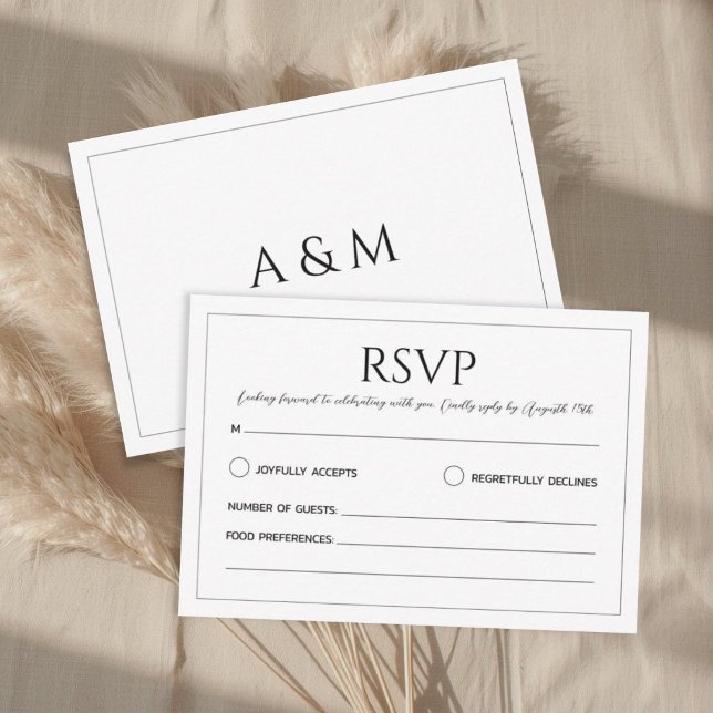Cartão RSVP Modern white black minimalist wedding (Criador carregado)