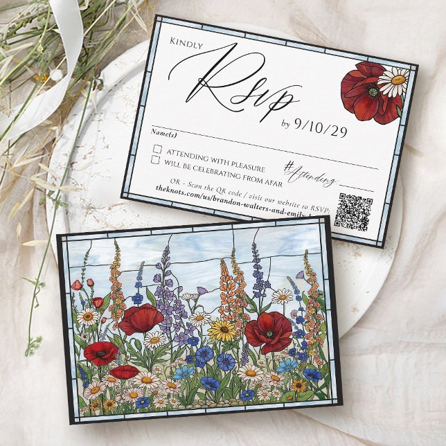 Cartão RSVP Modern Wildflower Stained Glass Floral Wedding (Modern wildflower daisy sunflower red poppy stained glass QR code wedding invitation Rsvp Card)