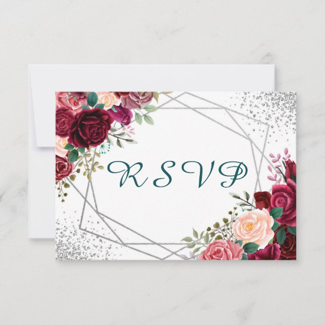 Cartão RSVP Moderno Borgonha Floral Silver Confetti (Frente)