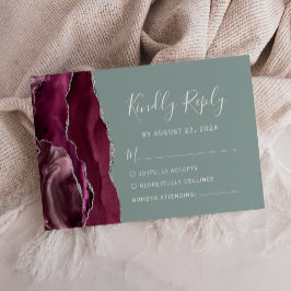 Cartão RSVP Moderno Borgonha Prata Agata Sage Casamento Verde