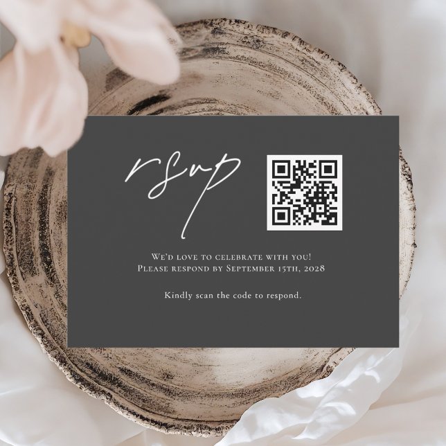 Cartão RSVP Moderno de Casamento de Código QR Preto Minimalist (Criador carregado)