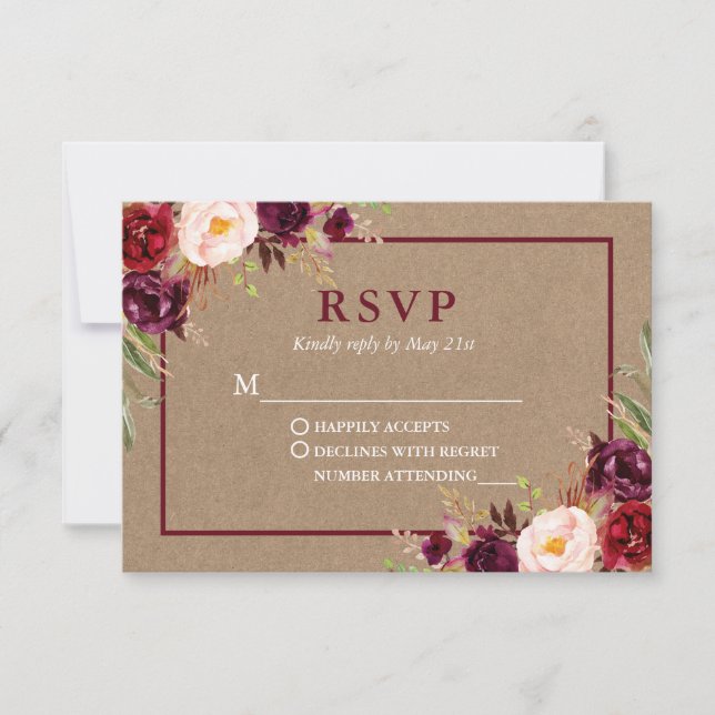 Cartão RSVP Moderno Elegante Burgundy Floral Wedding Kraft (Frente)