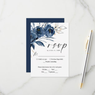 Cartão RSVP Moderno Elegante Floral Azul Marinho Casamento Scr