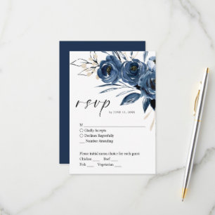 Cartão RSVP Moderno Elegante Floral Azul Marinho Casamento Scr