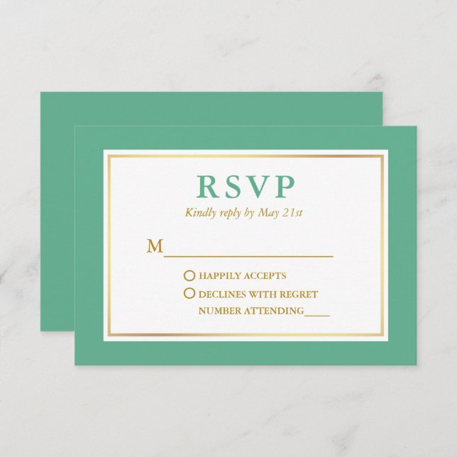 Cartão RSVP Moderno Elegante Verde Branco Dourado (Frente/Verso)