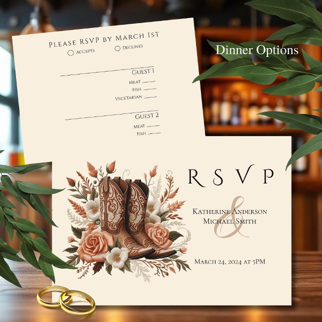 Cartão RSVP Moderno País Elegante - Flores Ocidentais (Modern Elegant Country Western- Flowers RSVP Card Cowboy boots)