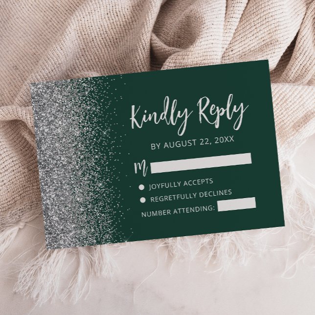 Cartão RSVP Moderno Script com Borda de Brilho Prateado Verde  (Criador carregado)