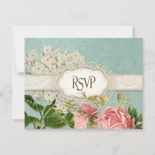 Cartão RSVP Moderno Vintage Lace Tea Sained Hydrangea em Rosas