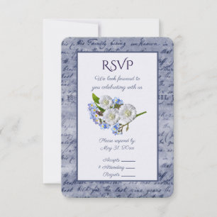 Cartão RSVP Moldura de Carta Vintage Azul e Mums Brancas