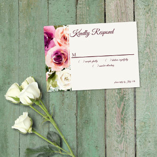 Cartão RSVP Moldura Floral Elegante Rosa Bege Roxo Branco