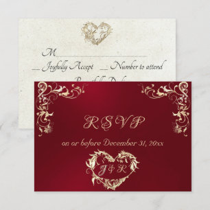 Cartão RSVP Moldura Ornamentada & Coração - Vermelho