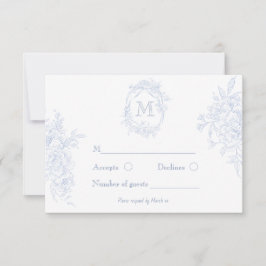 Cartão RSVP Monograma Azul Floral Inicial Casamento Toile Brid