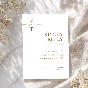 Cartão RSVP Monograma Branco e Dourado Elegante e Minimalista