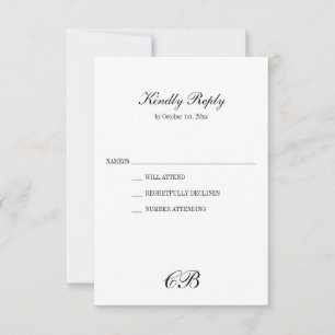 Cartão RSVP Monograma de casamento elegante em preto e branco