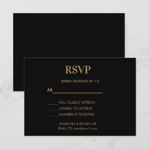 Cartão RSVP Monograma de Casamento Negro Minimalista Dourado