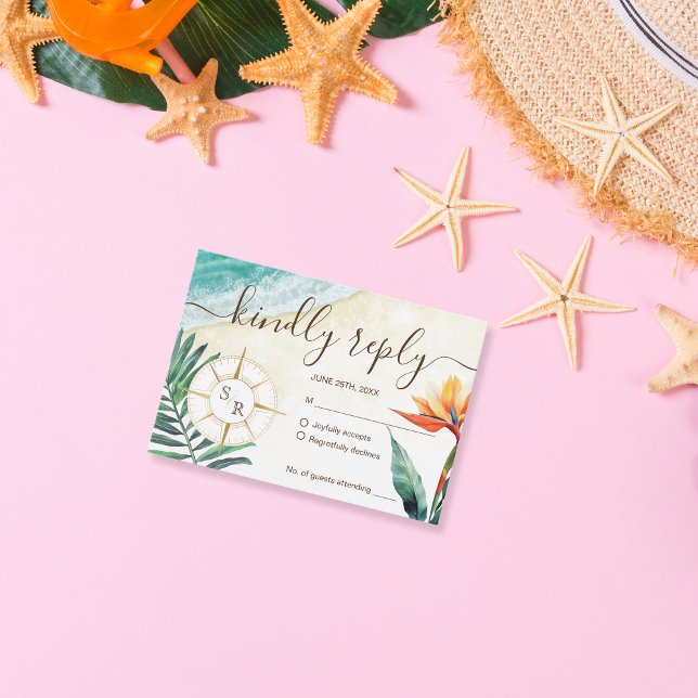 Cartão RSVP Monograma de Compass de Casamento de Praia de Dest (Criador carregado)