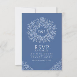 Cartão RSVP Monograma de folha desenhado com mão azul casament