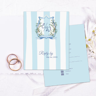 Cartão RSVP Monograma de Jardim com Listra Azul Casamento Coun