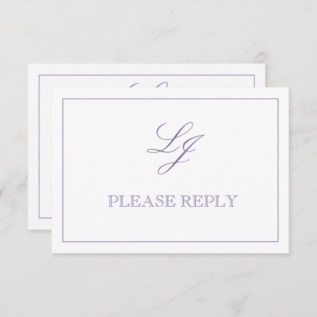 Cartão RSVP Monograma de Lavanda Clássica sem Refeições (Frente/Verso)