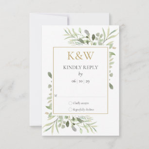 Cartão RSVP Monograma Dourado de Folhagem em Aquarela Casament