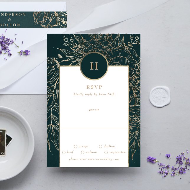Cartão RSVP Monograma Editável de Folha de Ouro e Terra Verde  (RSVP showcasing suite - additional items (bought separately))