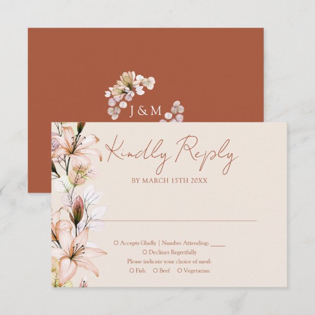 Cartão RSVP Monograma Floral Rústico em Terracota para Casamen (Frente/Verso)