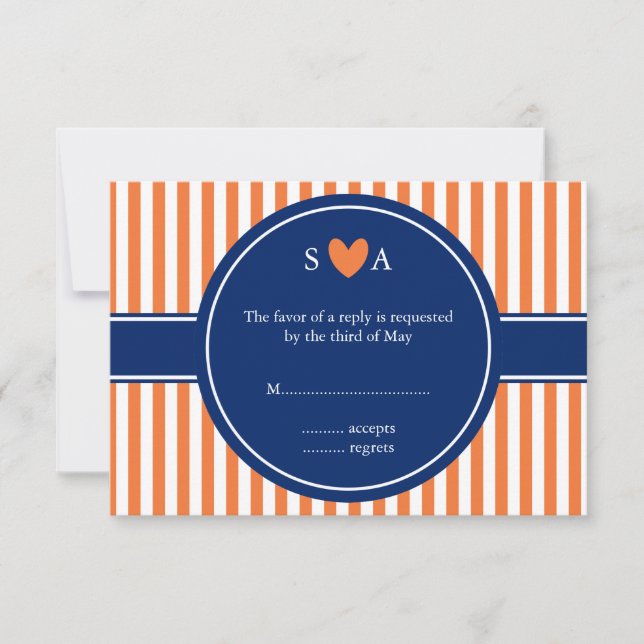 Cartão RSVP Monograma Laranja e White Stripes com Azul Real (Frente)
