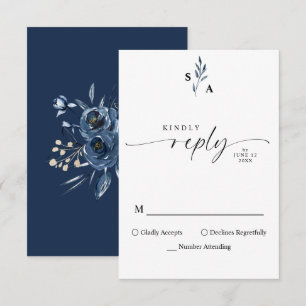 Cartão RSVP Monograma Minimalista Elegante Azul Naval Caligraf