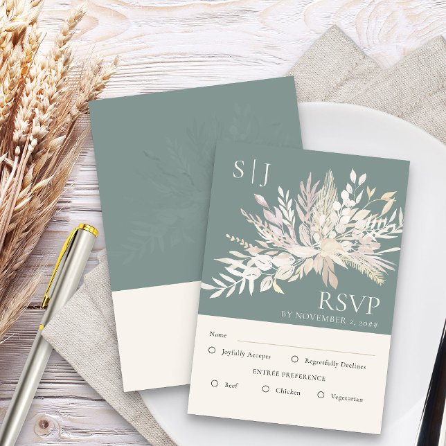 Cartão RSVP Monograma Monograma Sage Verdadeiro Entree (Sage Green Elegant RSVP card with entree options - Foliage Duet wedding collection)