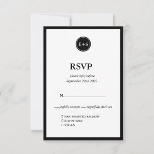 Cartão RSVP Monograma Opções de Comida para Casamento Preto