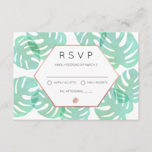 Cartão RSVP Monstera Leaf e Rosa Dourado